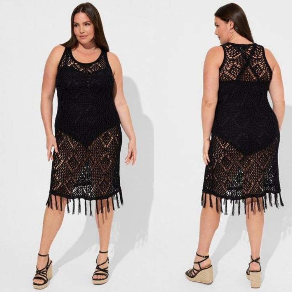 Women's Torrid Black Crochet Fringe Tank Beach Dress, Size 4XL